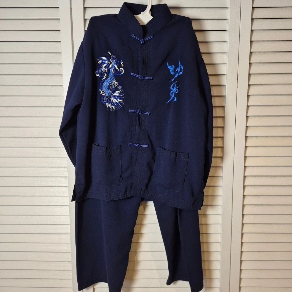 Vtg Mimi Kids Dragon Embroidered Asian Outfit Set‎ Navy Blue Top Pants Sz 10 Y2K